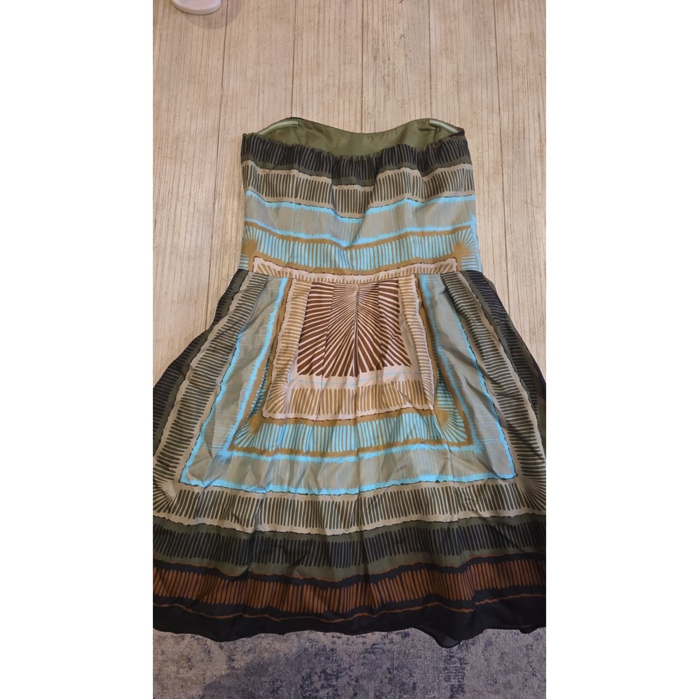 Nicole Miller Strapless Scarf Print Mini Dress Blue Green Brown Pocket 10 - Picture 12 of 12